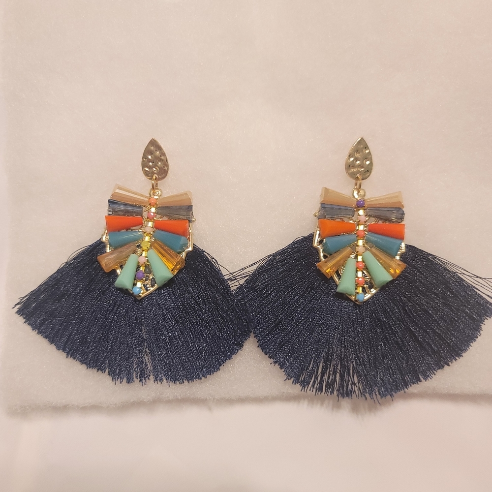 Statement Earrings Navy Blue w/ Fringe / Tassel